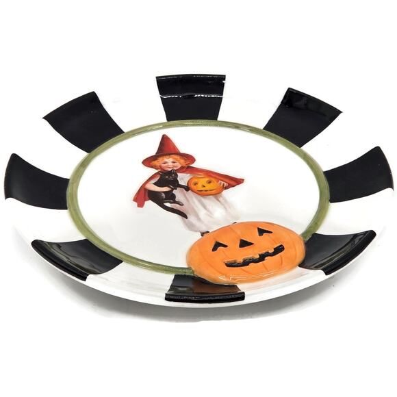 Department 56 Plate Halloween Witch Black Cat Jack O Lantern Plate White Striped - Picture 3 of 11